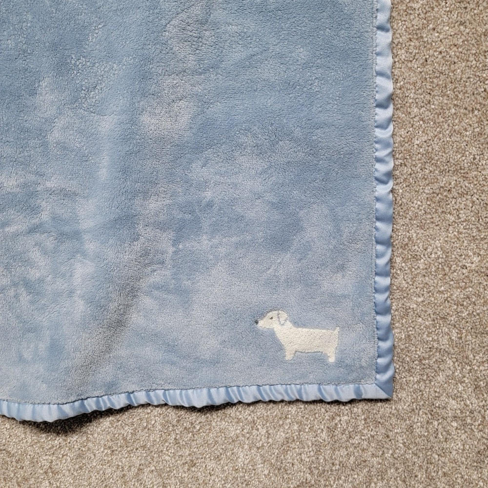 White Dog Baby Blanket Carter's Puppy Embroidered‎ Blue Satin Trim